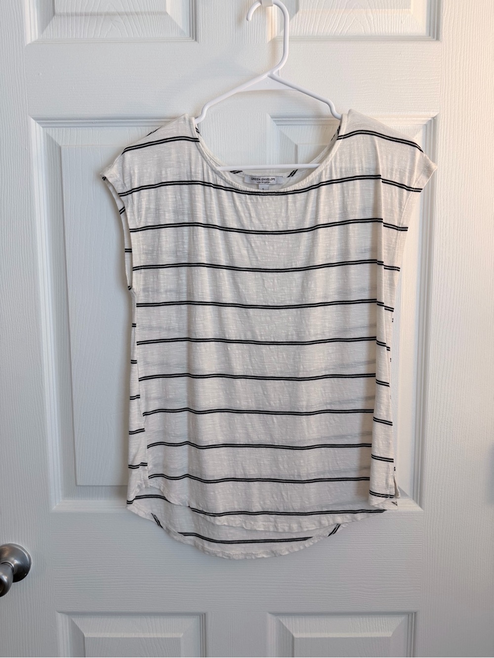 Green Envelope White Tee with Black Stripes - Short Sleeve